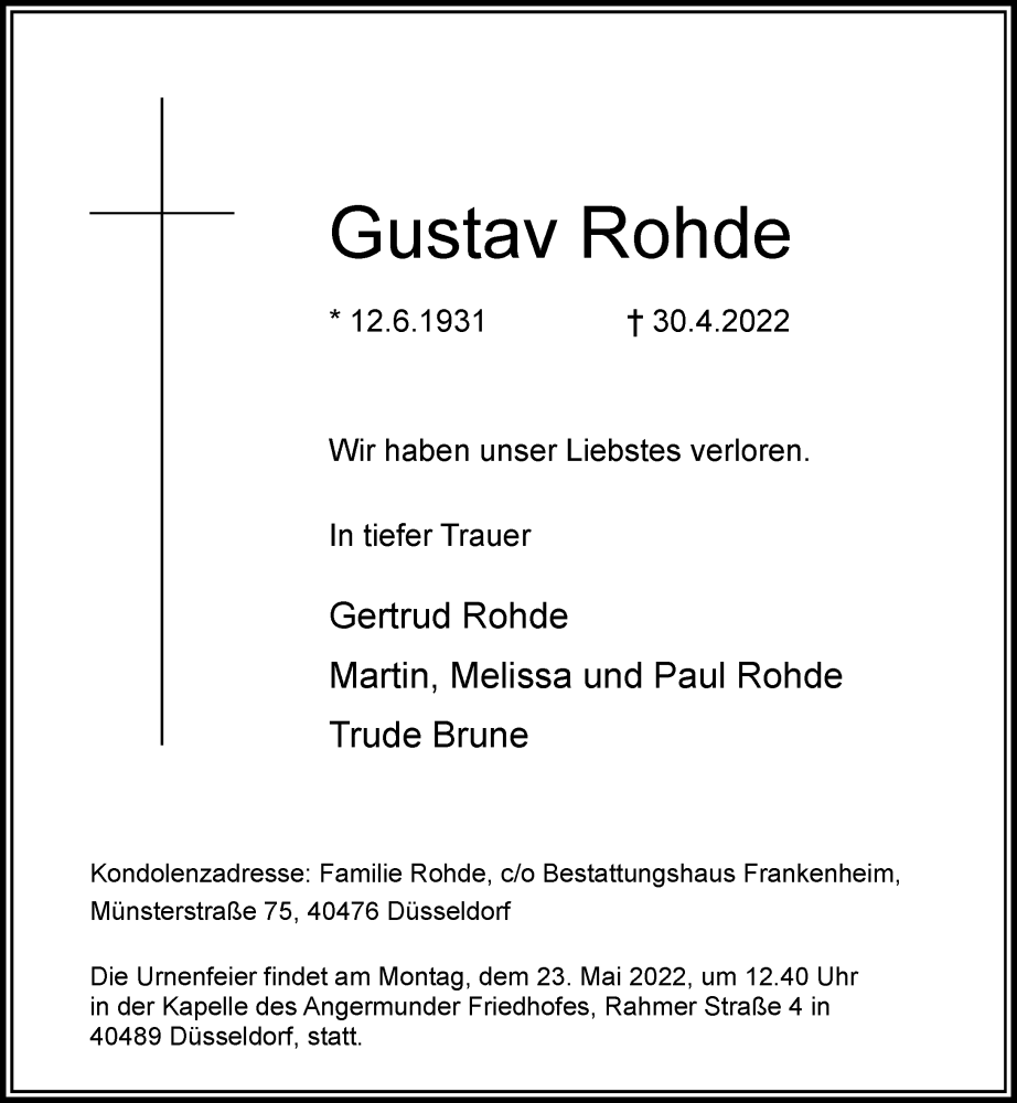  Traueranzeige für Gustav Rohde vom 07.05.2022 aus Rheinische Post