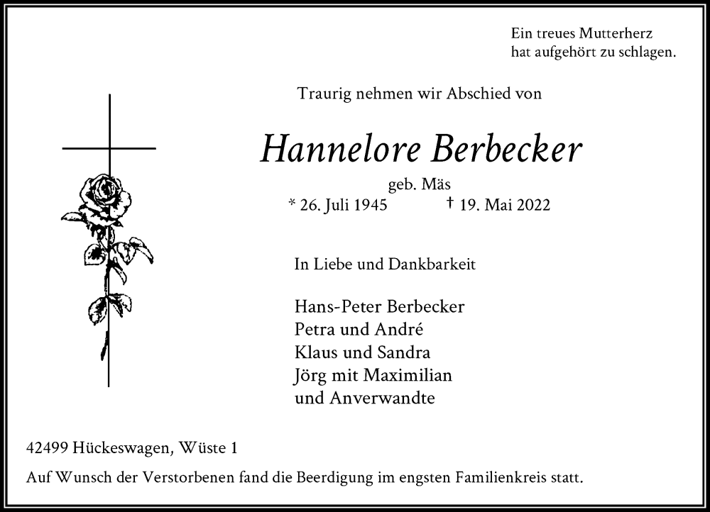  Traueranzeige für Hannelore Berbecker vom 28.05.2022 aus Rheinische Post