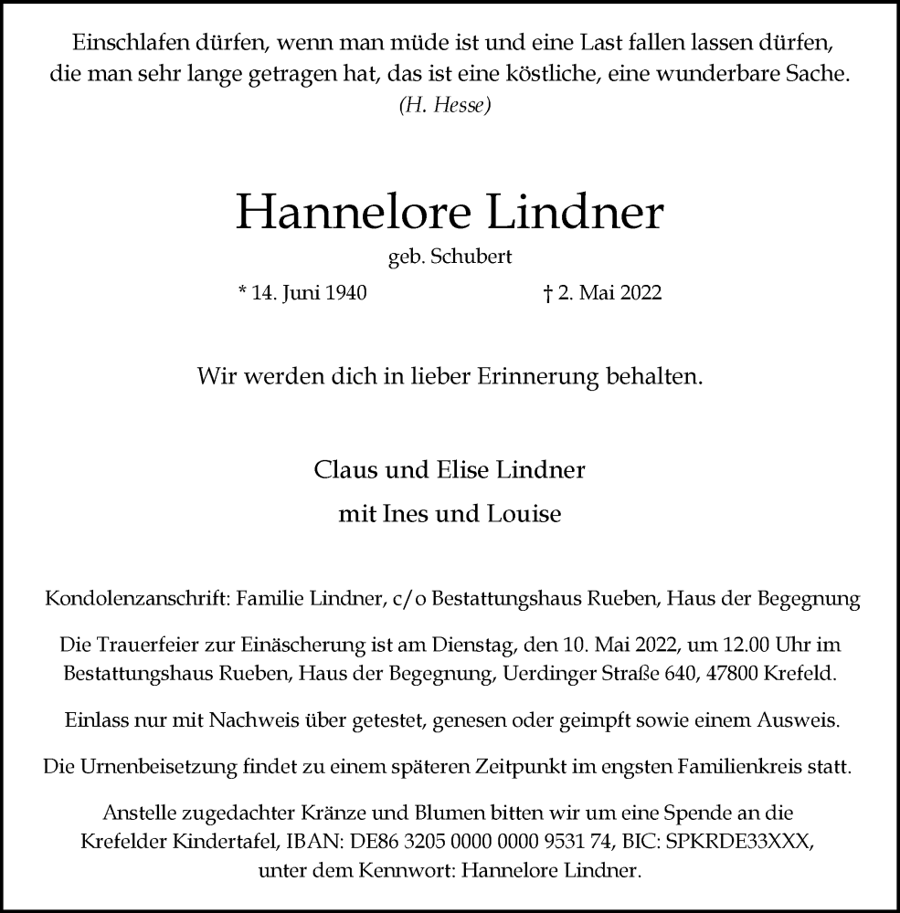  Traueranzeige für Hannelore Lindner vom 07.05.2022 aus Rheinische Post