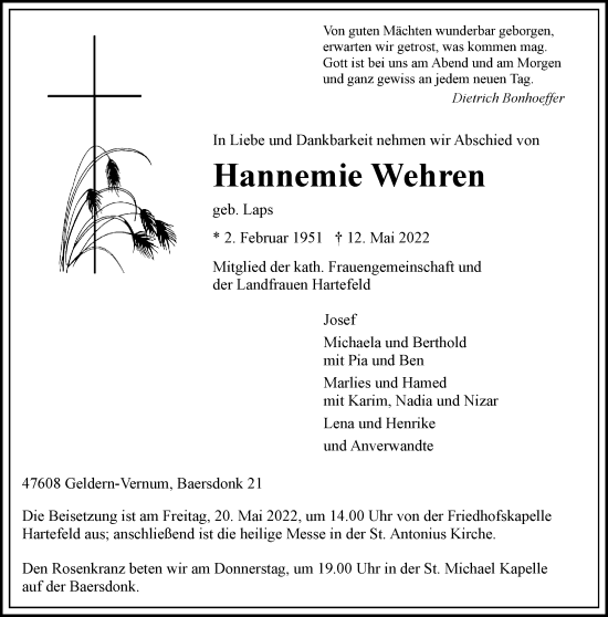 Traueranzeige von Hannemie Wehren von Rheinische Post