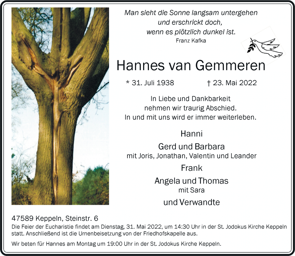  Traueranzeige für Hannes van Gernmeren vom 25.05.2022 aus Rheinische Post