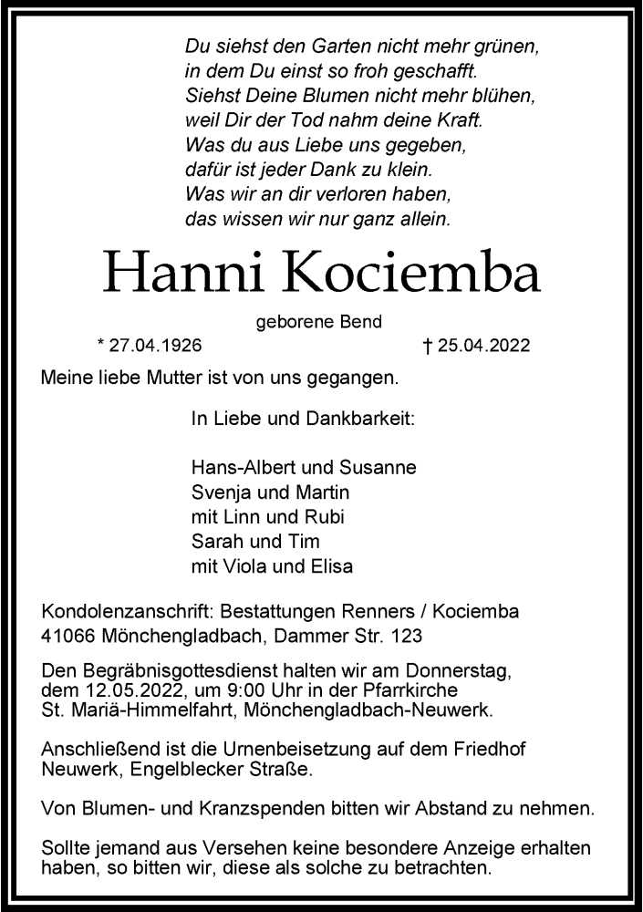  Traueranzeige für Hanni Kociemba vom 07.05.2022 aus Rheinische Post