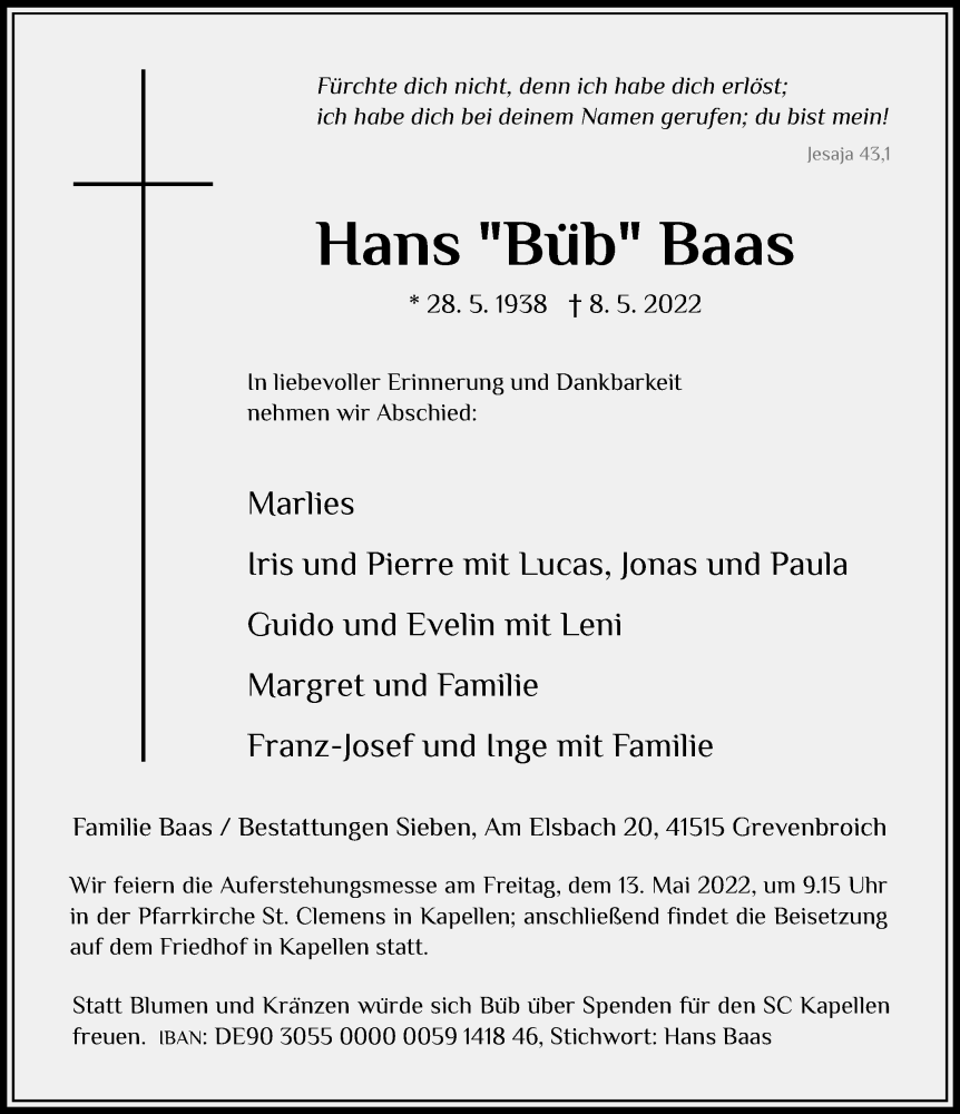  Traueranzeige für Hans Baas vom 11.05.2022 aus Rheinische Post
