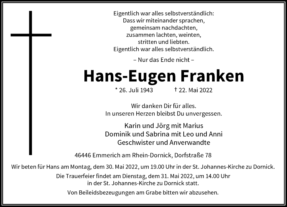  Traueranzeige für Hans-Eugen Franken vom 25.05.2022 aus Rheinische Post
