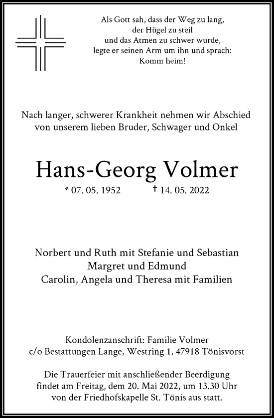 Traueranzeige von Hans-Georg Volmer von Rheinische Post