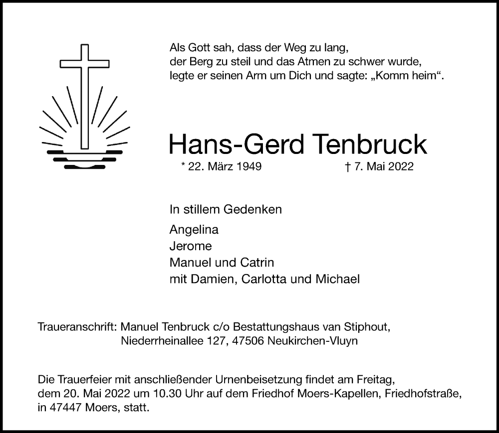  Traueranzeige für Hans-Gerd Tenbruck vom 14.05.2022 aus Rheinische Post