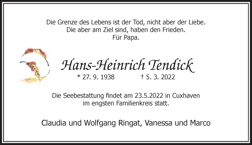  Traueranzeige für Hans-Heinrich Tendick vom 14.05.2022 aus Rheinische Post