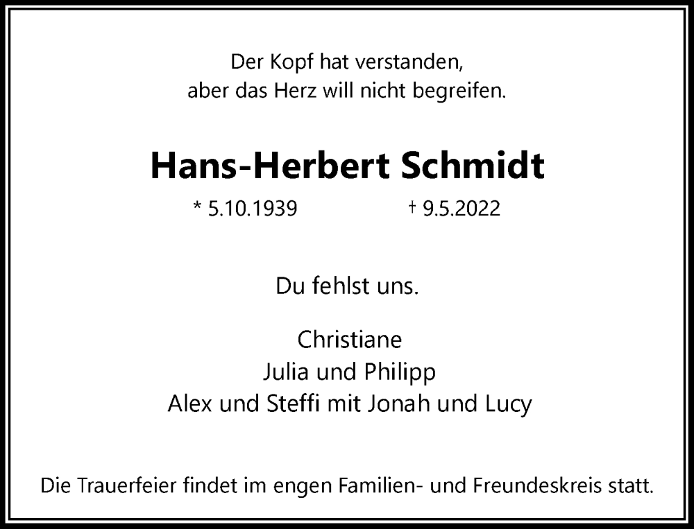  Traueranzeige für Hans-Herbert Schmidt vom 14.05.2022 aus Rheinische Post