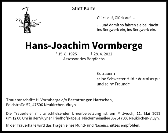 Traueranzeige von Hans-Joachim Vormberge von Rheinische Post
