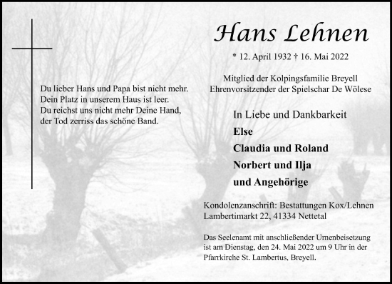 Traueranzeige von Hans Lehnen von Rheinische Post