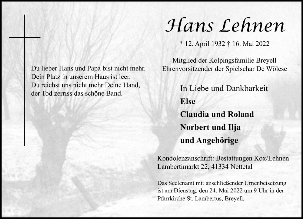  Traueranzeige für Hans Lehnen vom 21.05.2022 aus Rheinische Post