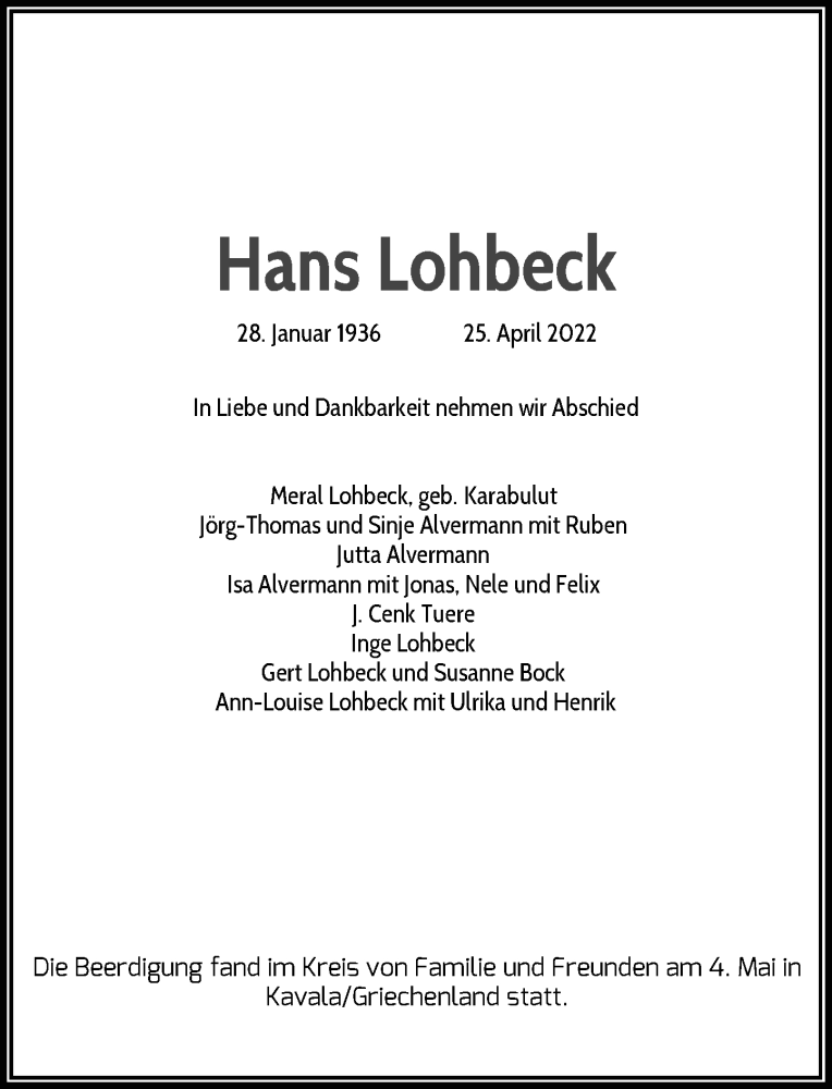 Traueranzeige für Hans Lohbeck vom 21.05.2022 aus Rheinische Post