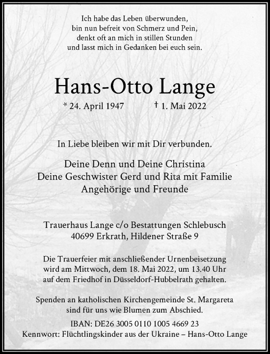 Traueranzeige von Hans-Otto Lange von Rheinische Post
