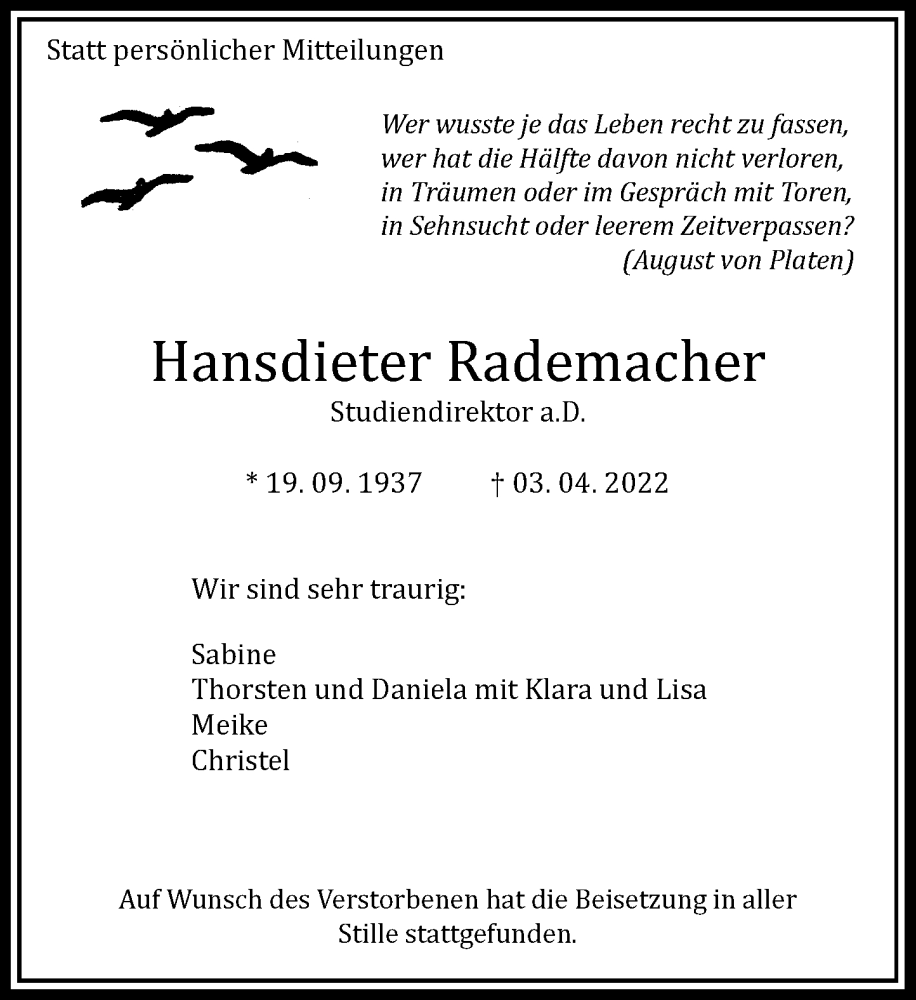  Traueranzeige für Hansdieter Rademacher vom 07.05.2022 aus Rheinische Post