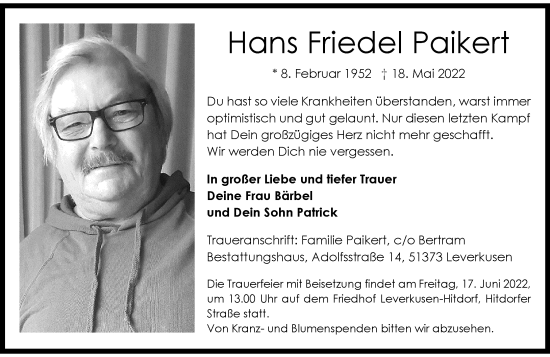 Traueranzeige von Hans Friedel Paikert von Rheinische Post