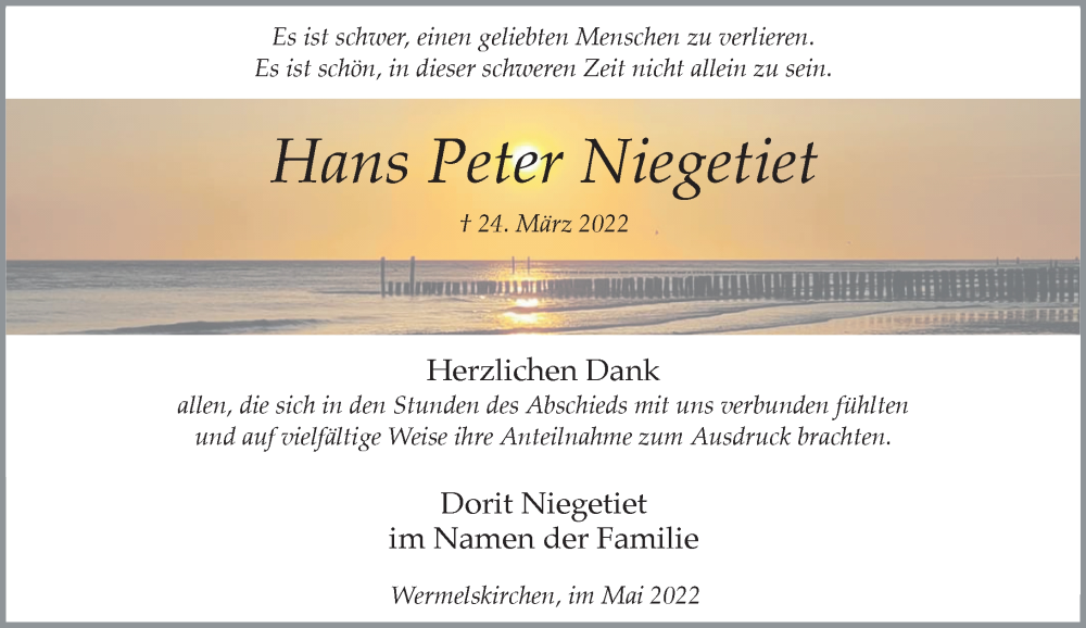  Traueranzeige für Hans Peter Niegetiet vom 07.05.2022 aus Rheinische Post
