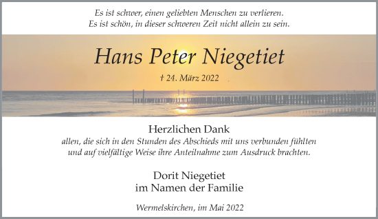 Traueranzeige von Hans Peter Niegetiet von Rheinische Post