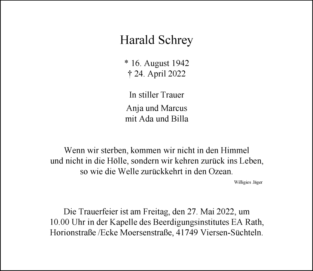  Traueranzeige für Harald Schrey vom 21.05.2022 aus Rheinische Post