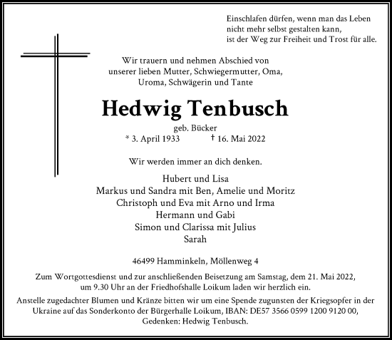 Traueranzeige von Hedwig Tenbusch von Rheinische Post