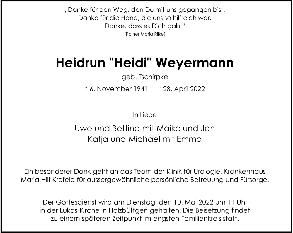  Traueranzeige für Heidrun Weyermann vom 07.05.2022 aus Rheinische Post