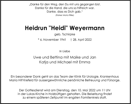 Traueranzeige von Heidrun Weyermann von Rheinische Post