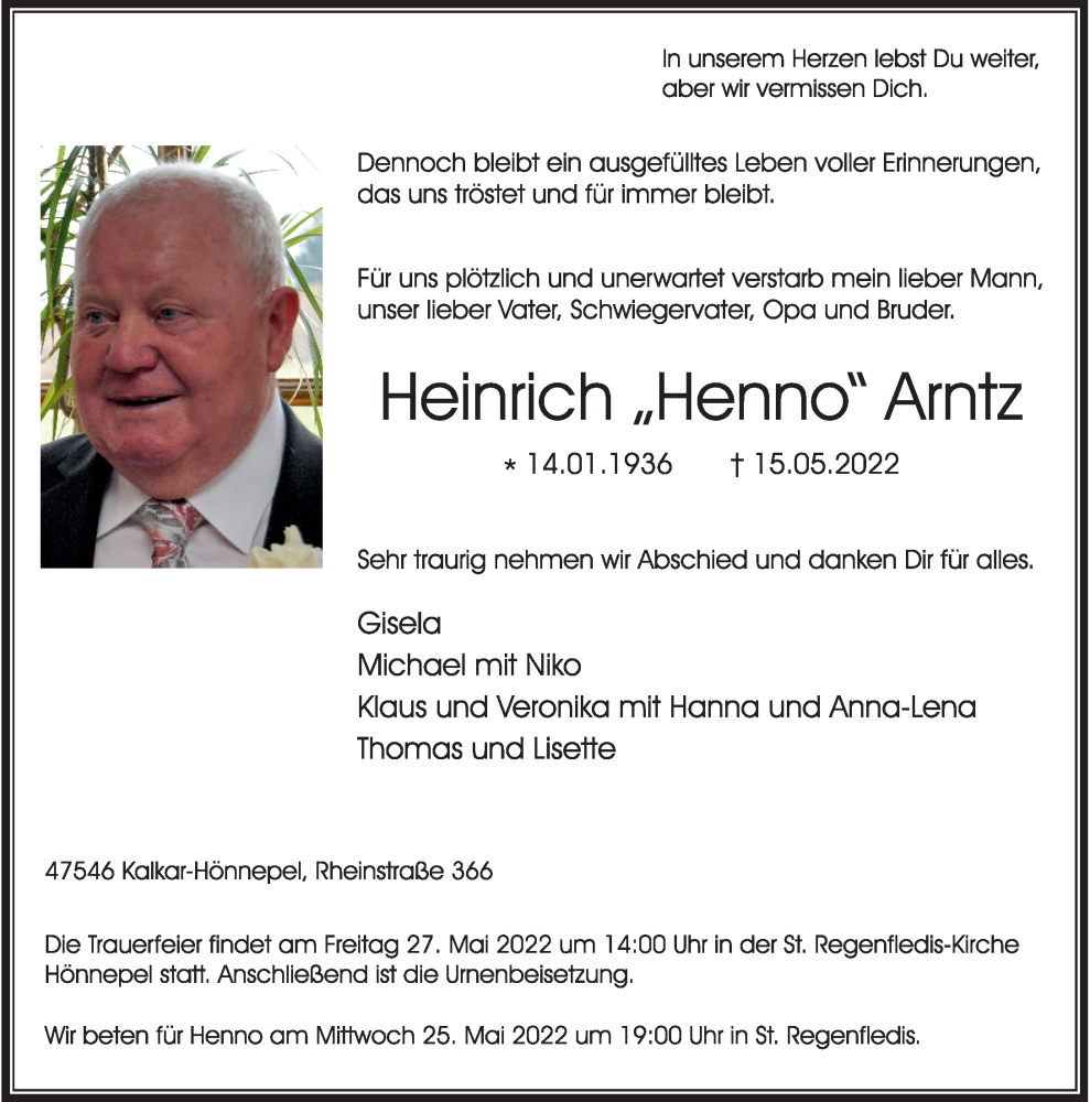  Traueranzeige für Heinrich Arntz vom 21.05.2022 aus Rheinische Post