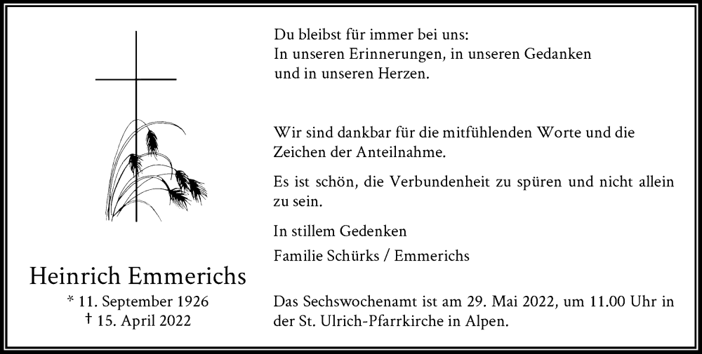  Traueranzeige für Heinrich Emmerichs vom 21.05.2022 aus Rheinische Post