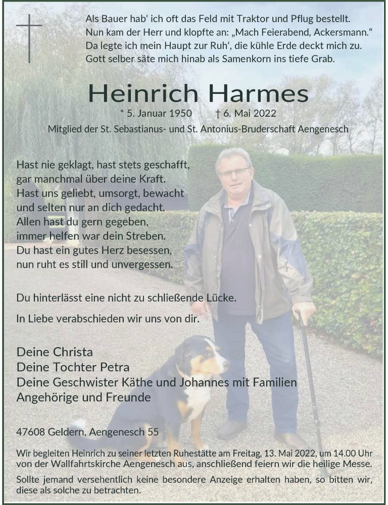  Traueranzeige für Heinrich Harmes vom 10.05.2022 aus Rheinische Post