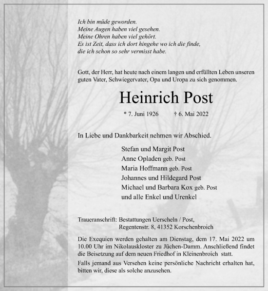 Traueranzeige von Heinrich Post von Rheinische Post
