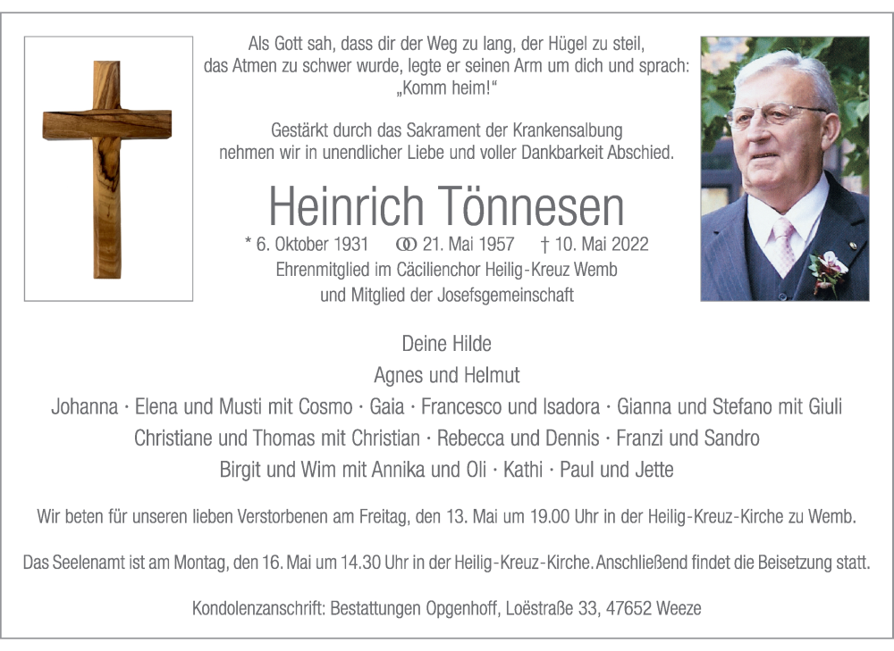  Traueranzeige für Heinrich Tönnesen vom 12.05.2022 aus Rheinische Post