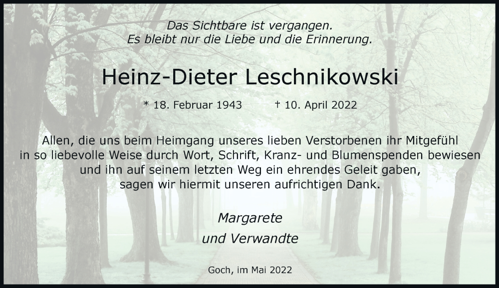  Traueranzeige für Heinz-Dieter Leschnikowski vom 21.05.2022 aus Rheinische Post