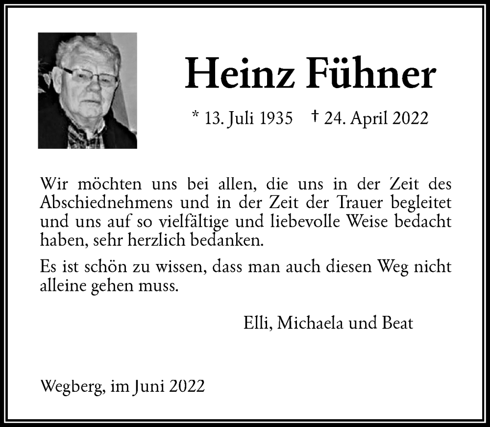  Traueranzeige für Heinz Fühner vom 04.06.2022 aus Rheinische Post