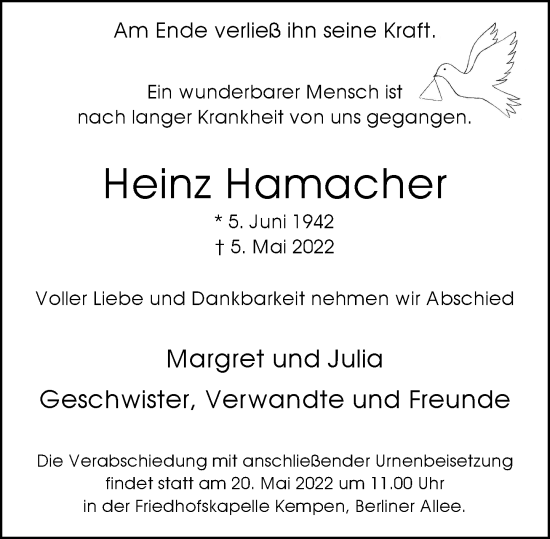 Traueranzeige von Heinz Hamacher von Rheinische Post