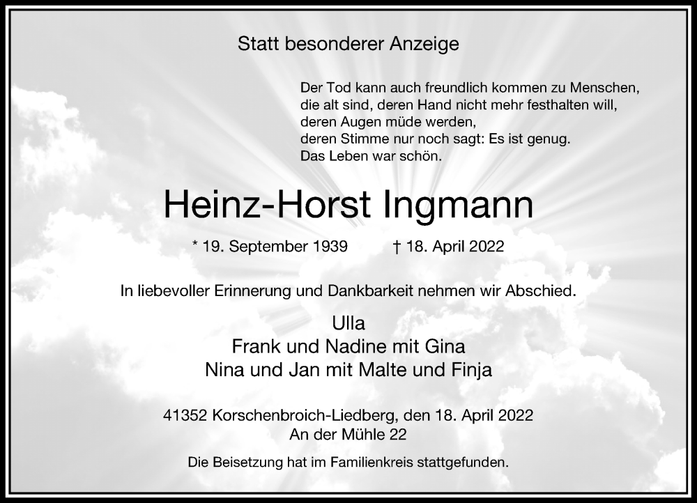  Traueranzeige für Heinz-Horst Ingmann vom 07.05.2022 aus Rheinische Post