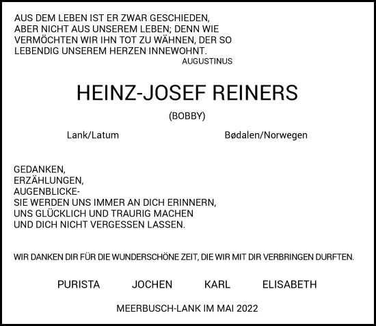Traueranzeige von Heinz-Josef Reiners von Rheinische Post