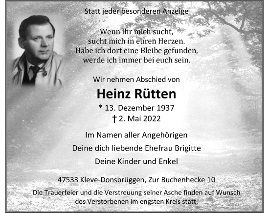Traueranzeige von Heinz Rütten von Rheinische Post
