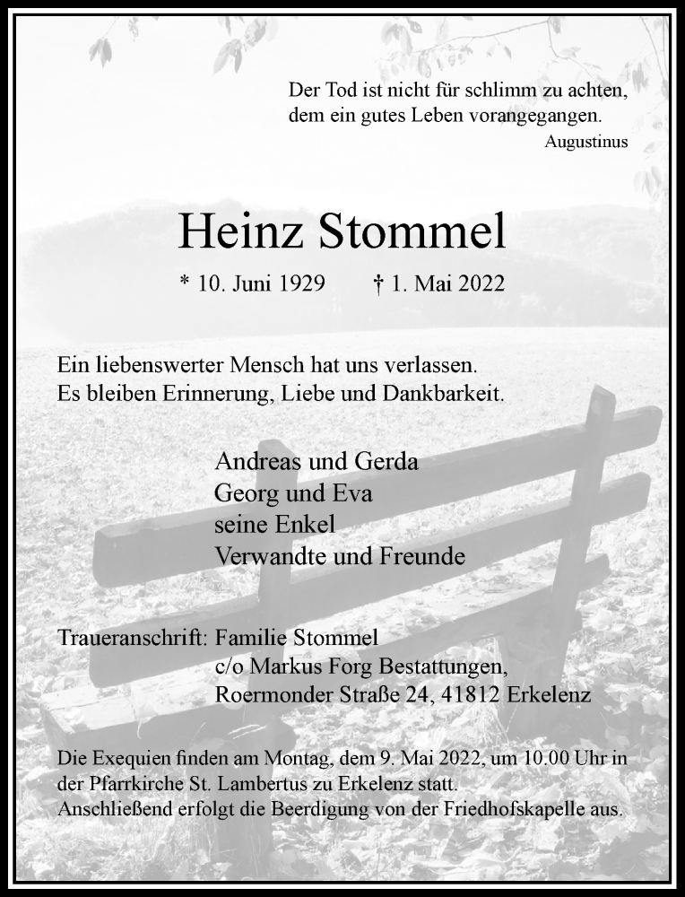  Traueranzeige für Heinz Stommel vom 04.05.2022 aus Rheinische Post
