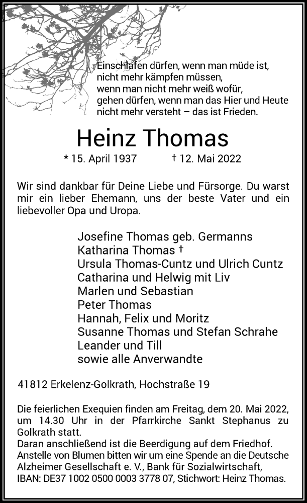  Traueranzeige für Heinz Thomas vom 16.05.2022 aus Rheinische Post