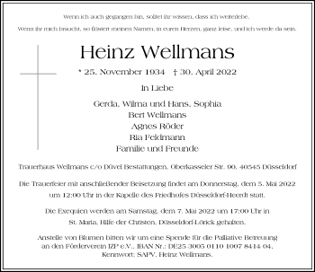 Traueranzeige von Heinz Wellmans von Rheinische Post