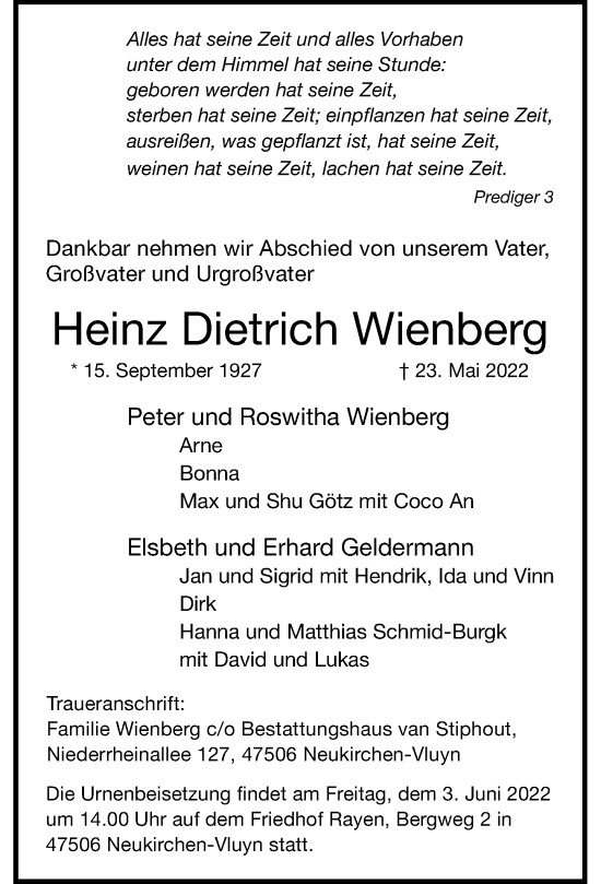 Traueranzeige von Heinz Dietrich Wienberg von Rheinische Post