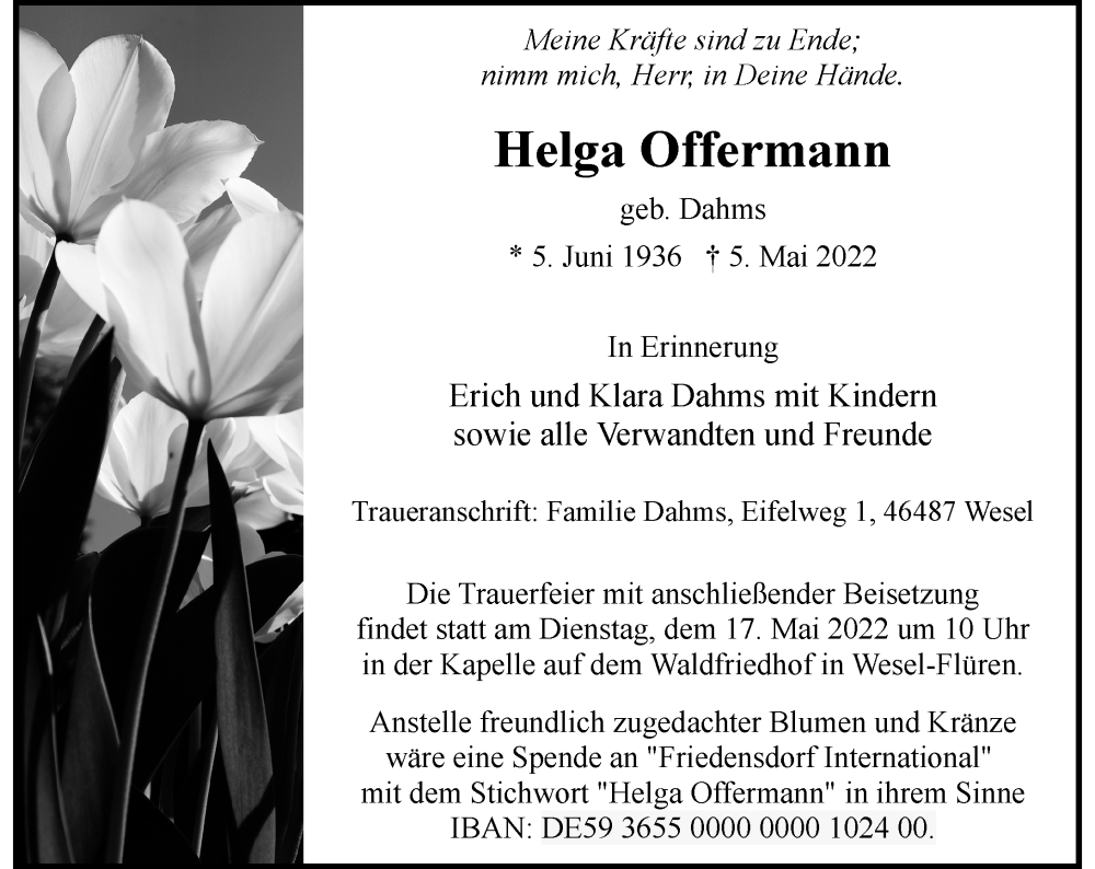  Traueranzeige für Helga Offermann vom 13.05.2022 aus Rheinische Post