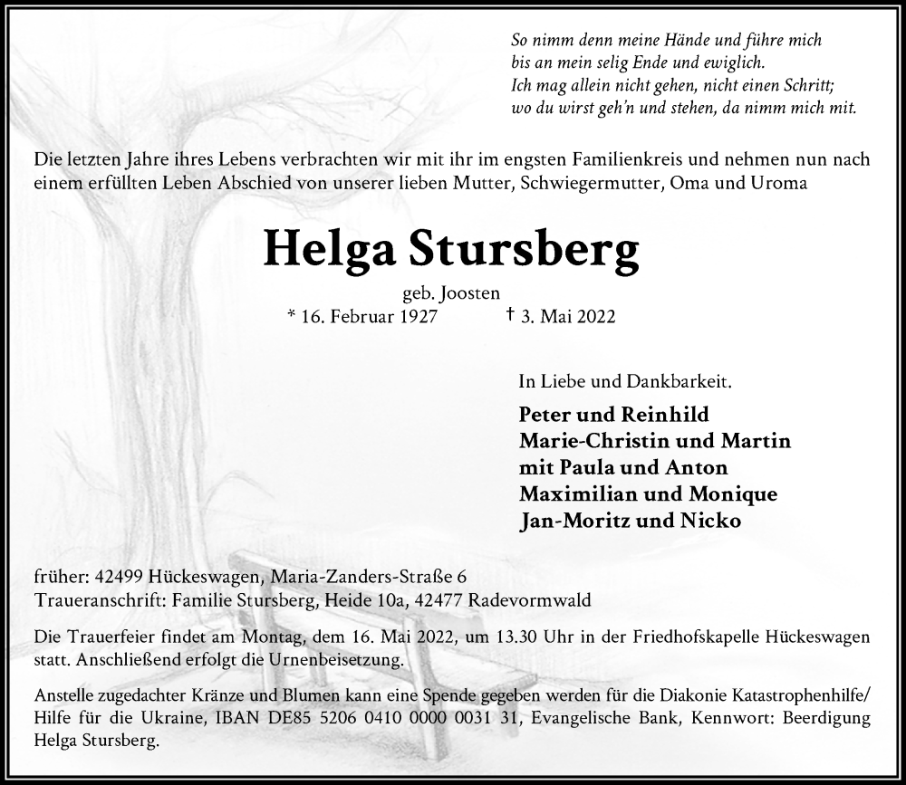  Traueranzeige für Helga Stursberg vom 07.05.2022 aus Rheinische Post