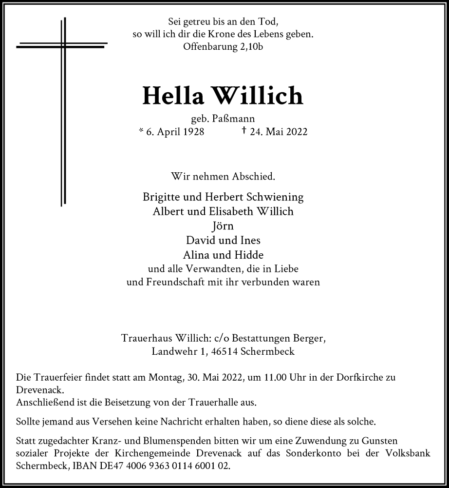  Traueranzeige für Hella Willich vom 28.05.2022 aus Rheinische Post