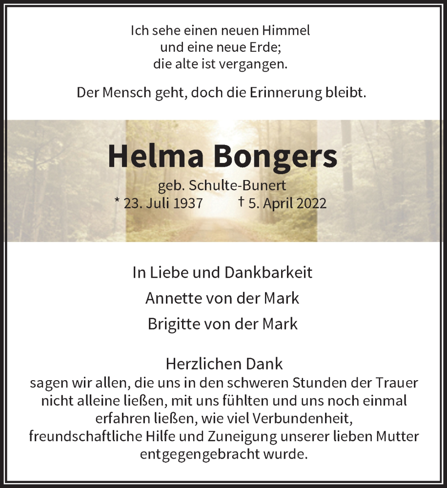  Traueranzeige für Helma Bongers vom 07.05.2022 aus Rheinische Post