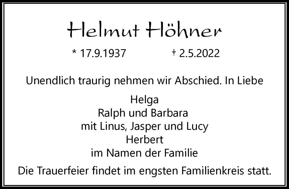  Traueranzeige für Helmut Höhner vom 07.05.2022 aus Rheinische Post