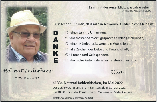 Traueranzeige von Helmut Inderhees von Rheinische Post