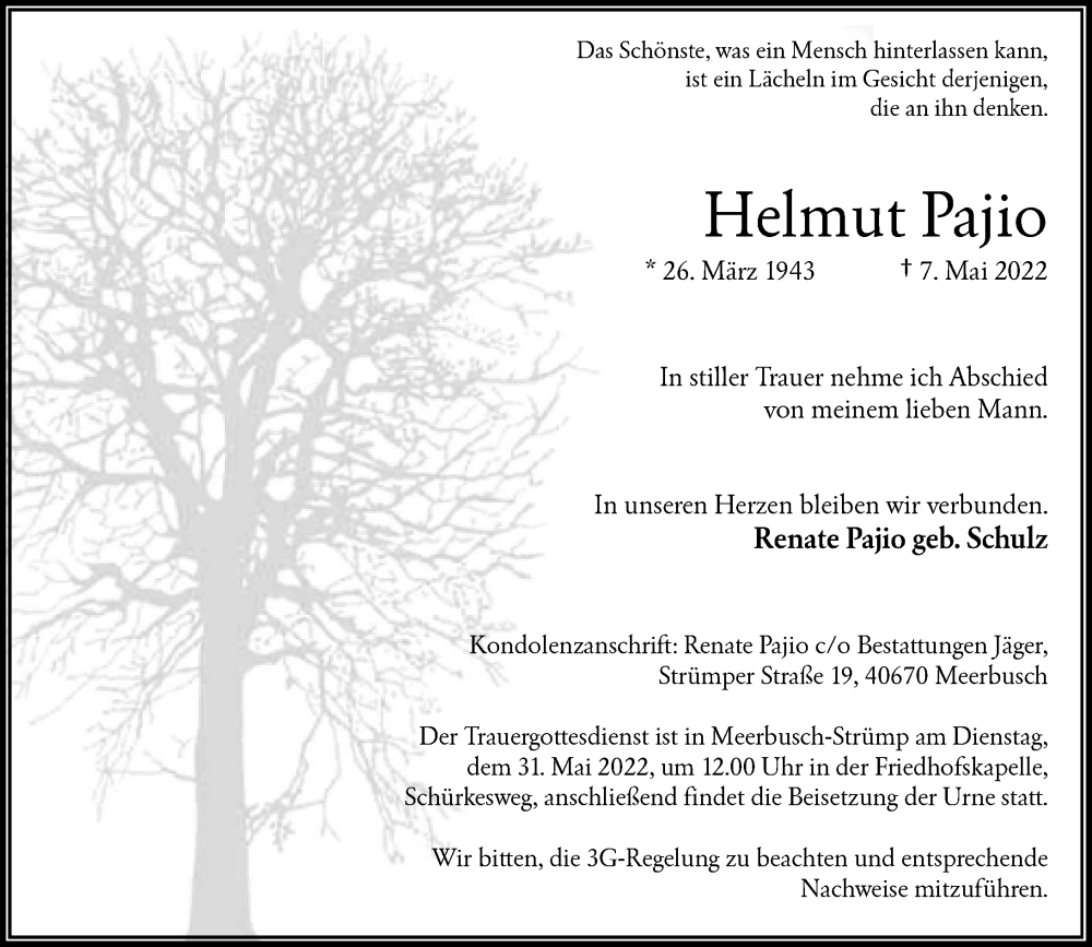  Traueranzeige für Helmut Pajio vom 21.05.2022 aus Rheinische Post