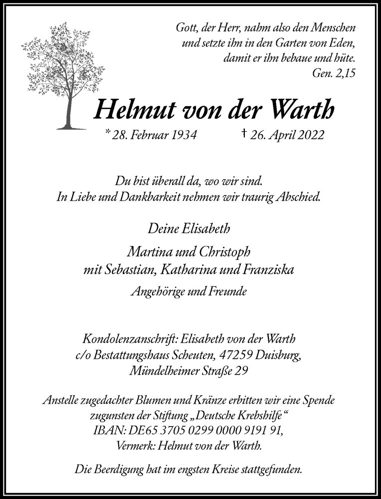  Traueranzeige für Helmut von der Warth vom 07.05.2022 aus Rheinische Post