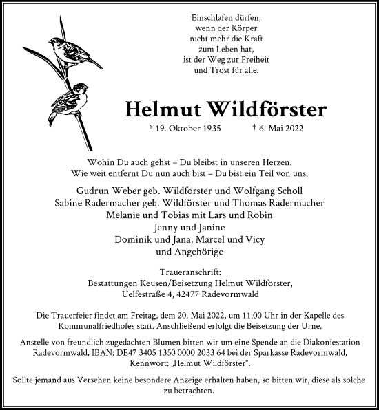 Traueranzeige von Helmut Wildförster von Rheinische Post