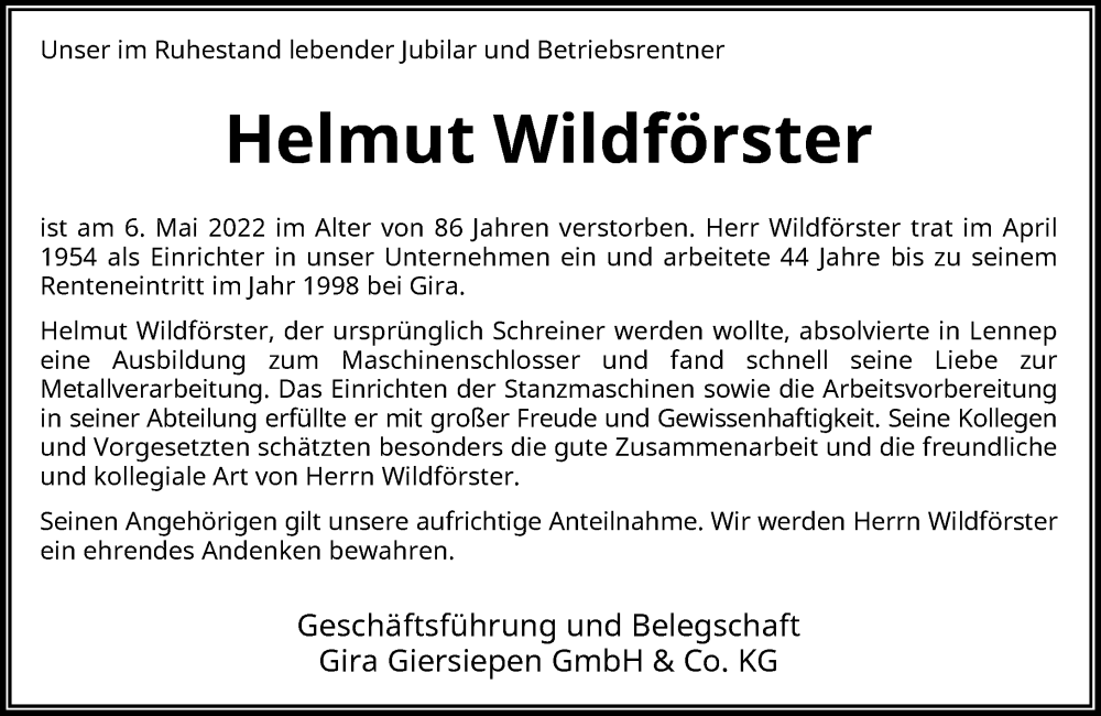  Traueranzeige für Helmut Wildförster vom 21.05.2022 aus Rheinische Post